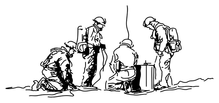 Industrial workers wearing safety gear on site in hand drawn sketch style