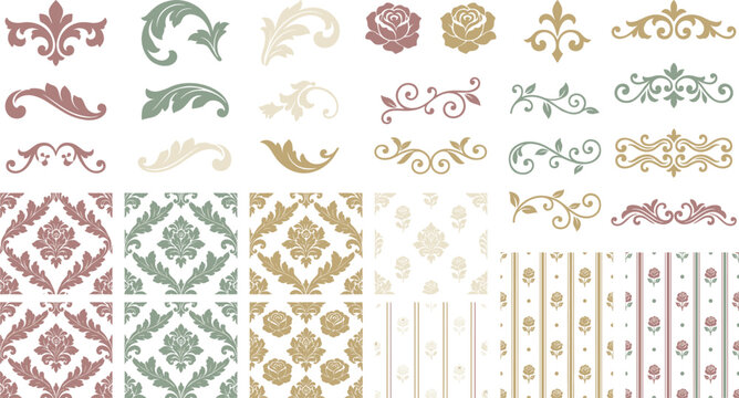 Vintage baroque ornament vector collection with pastel damask seamless patterns elegant floral scroll dividers fleur de lis emblems and victorian wallpaper backgrounds.
