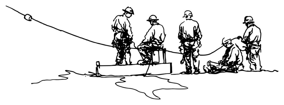 Group of workers handling cable on industrial platform in hand drawn sketch style