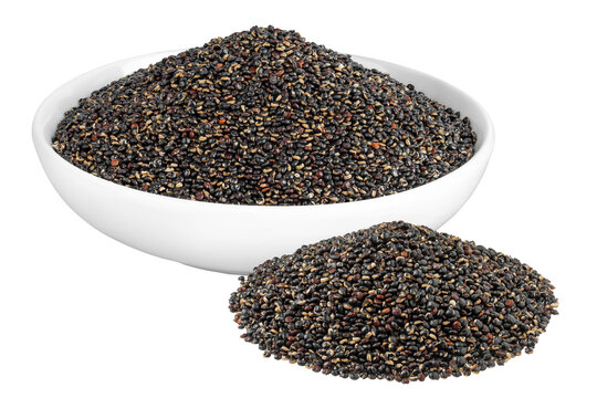 black quinoa in ceramic bowl isolated on white background