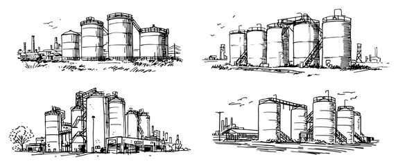 Industrial silos and storage tanks collection in hand drawn sketch style © Celestynka