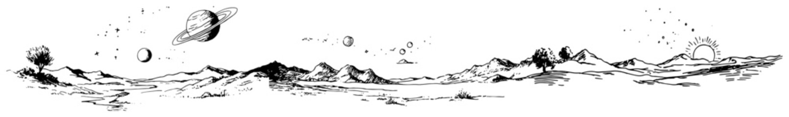 Alien landscape with planets and mountains in futuristic hand drawn sketch style © Celestynka