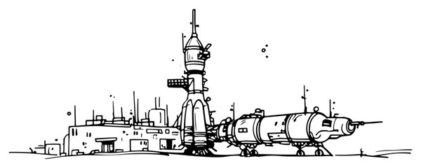 Space exploration module and rocket ship outpost in hand drawn sketch style © Celestynka