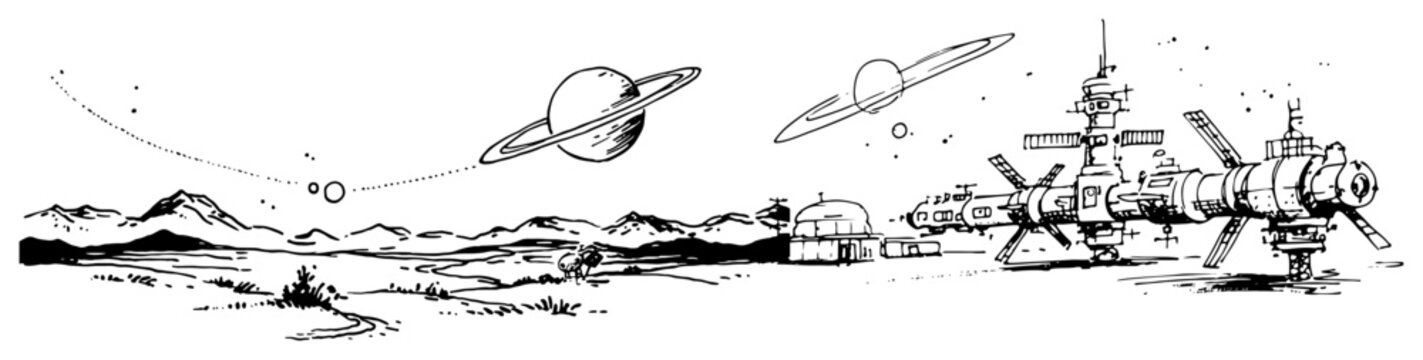 Space station base on alien planet surface with ringed planets in the sky in hand drawn sketch style