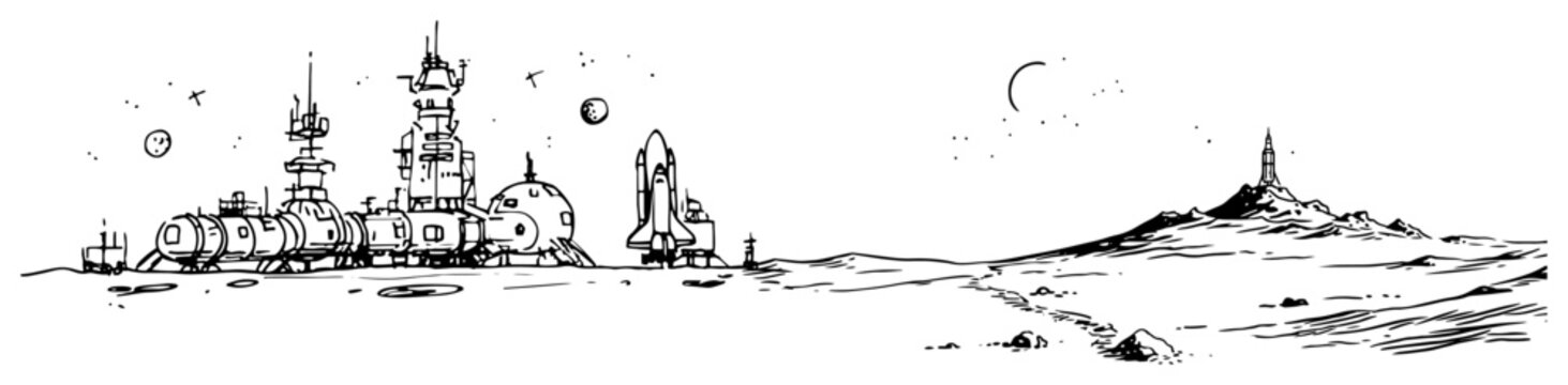 Lunar base colony with space shuttle and scientific research modules in hand drawn sketch style