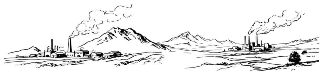 Obraz premium Factory plants with smoking chimneys in mountain landscape sketch style