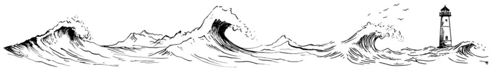 Powerful ocean waves and lighthouse panorama in hand drawn sketch style © Celestynka