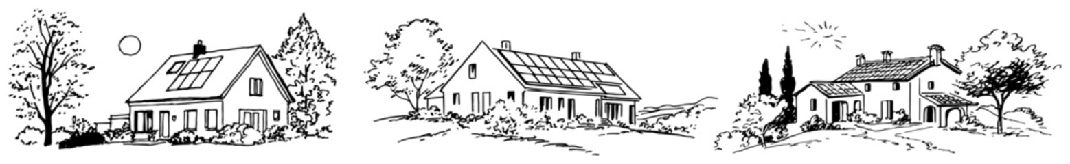 Naklejka premium Sustainable houses with solar panels on roofs in hand drawn sketch style