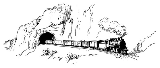 Vintage steam locomotive exiting a mountain tunnel in hand drawn sketch style © Celestynka