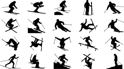 Skiing silhouette illustration collection with dynamic poses, jumps, tricks, and downhill movements, symbolizing sport, lifestyle, creativity, adventure, and design concepts © Mukti