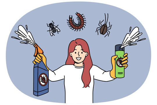 Using insecticide spray to control pests, woman holding two bottles of bug poison with smile. Insecticides against insects and pests that destroy plants in garden or impair crop growth