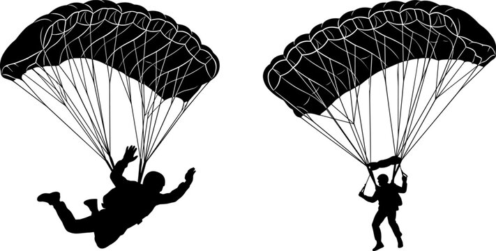 Skydiver Parachute Silhouette Collection Featuring Freefall and Landing Poses for Extreme Sports Adventure and Aviation Design Artwork