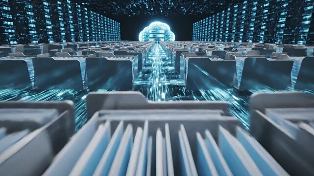 Futuristic Digital Data Center with Glowing Blue Circuits and Cloud Computing.