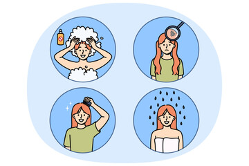 Fototapeta premium Girl with lice in hair uses medicated shampoo while showering to get rid of parasites. Step-by-step plan for getting rid of lice, child quickly cured of pediculosis with help of pharmacological agent