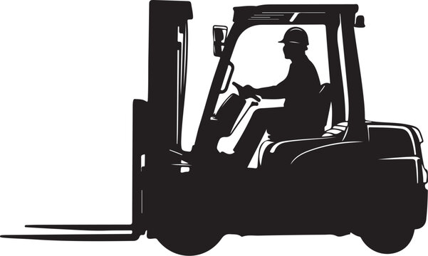 Black silhouette of man wearing hardhat driving forklift