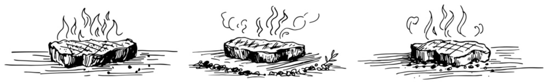 Grilled steak meat pieces with steam rising in black and white line art style