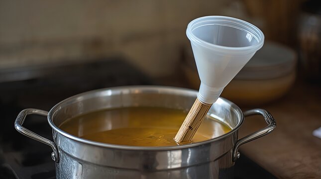 Improvised kitchen ladle made of plastic cup and stick