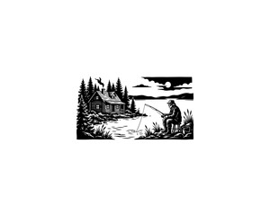 Fototapeta premium Vintage fishing silhouette vector, fisherman sitting on wooden pier at sunset, scenic mountain lake landscape with pine trees and rising sun