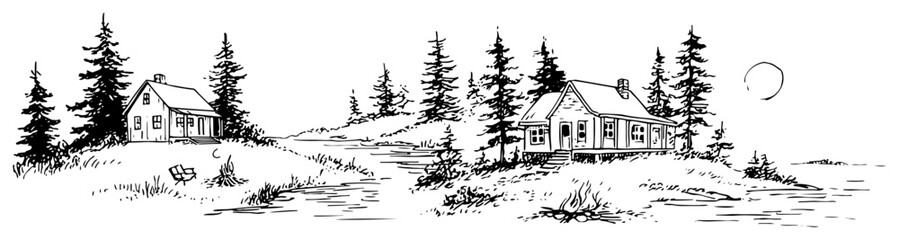 Wooden cabins in a pine forest by the water in a hand drawn sketch style © Celestynka
