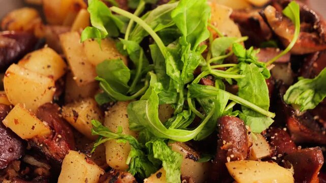 A close-up of fried potatoes with mushrooms and aromatic spices, topped with fresh arugula. The crisp, golden skin of the potatoes and the bright orange mushrooms enhance the delicious flavor of the