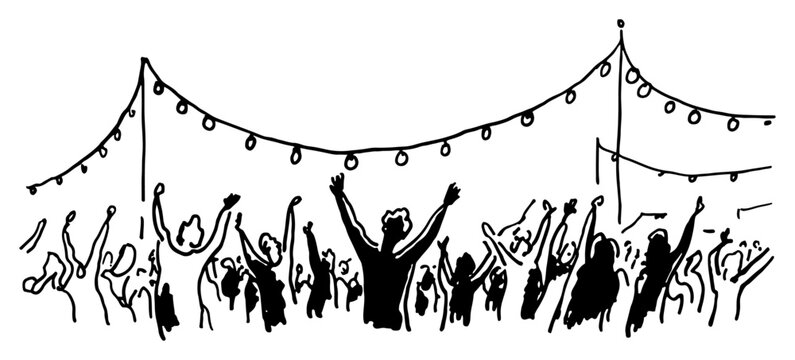 Cheering crowd with hands raised at concert under string lights in hand drawn sketch style