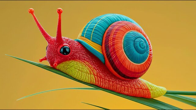 Colorful snail with vibrant shell and bright body slowly moves along green leaf against a soft yellow background, showcasing its unique patterns and textures