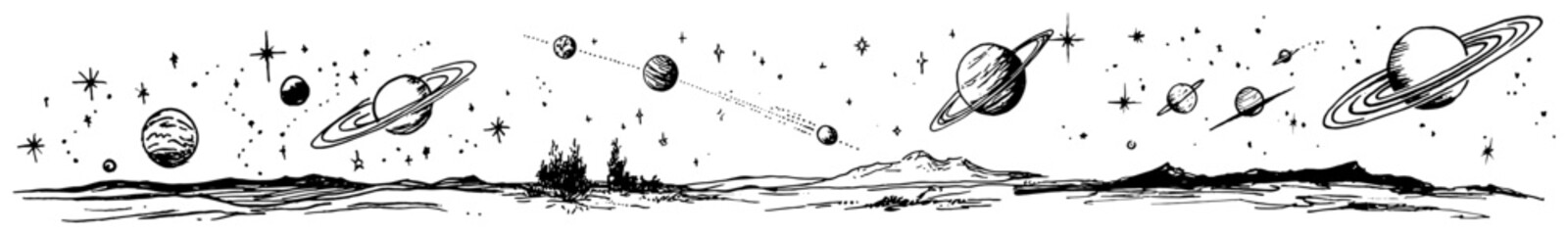 Outer space panorama with planets and stars in hand drawn sketch style © Celestynka