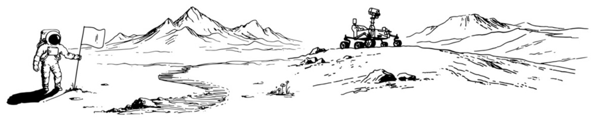 Astronaut planting a flag on lunar surface with rover in hand drawn sketch style © Celestynka