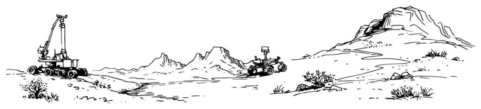 Space rovers exploring rocky alien planet surface in hand drawn sketch style