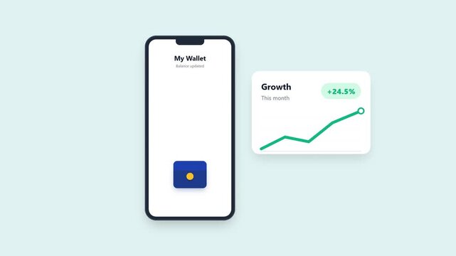 Minimalist financial app animation showing digital wallet balance update and monthly growth graph