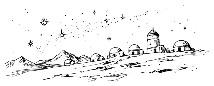 Research station with observatory domes on a rocky planet surface under starry sky in hand drawn sketch style