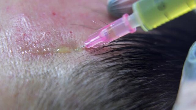 Macro shot of Hair mesotherapy procedure in the modern cosmetology clinic, plasma injectiions. Middle aged male patient prp procedure for hair regrowth