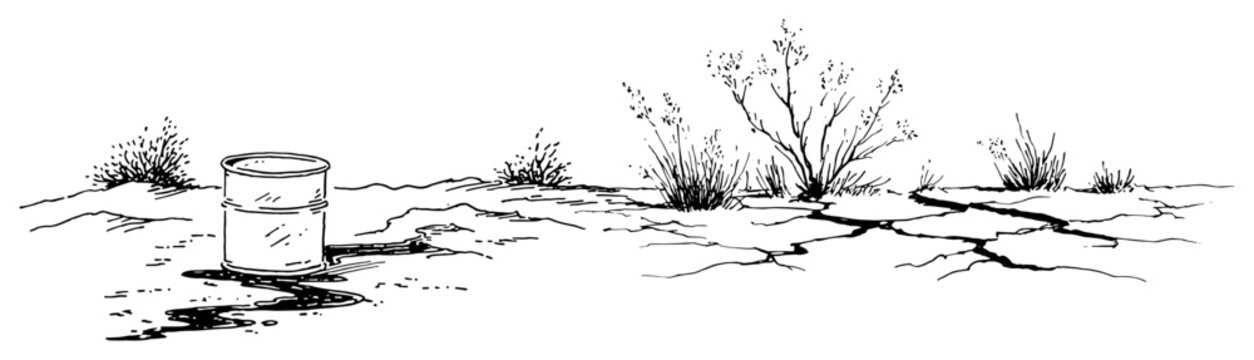 Oil barrel leaking toxic waste in desert landscape with cracked ground in hand drawn sketch style