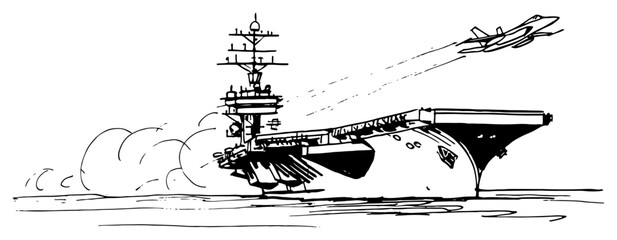 Aircraft carrier at sea with fighter jet taking off in black and white line art style © Celestynka
