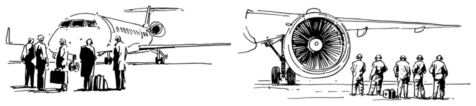 Passengers boarding private plane and technicians near jet engine in black and white line art style