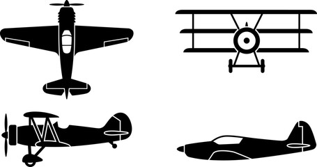 Vintage Aircraft Silhouette Collection Featuring Classic Monoplane and Biplane Aviation Designs for Retro Flight and Military Artwork © Mukti