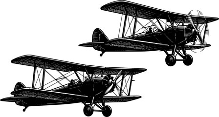 Vintage Biplane Aircraft Illustration with Classic Propeller Aviation Design for Retro Flight History and Military Transport Artwork © Mukti