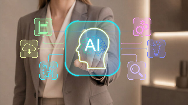 AI productivity tools for business workflow automation. Businesswoman using artificial intelligence interface for smart digital operations