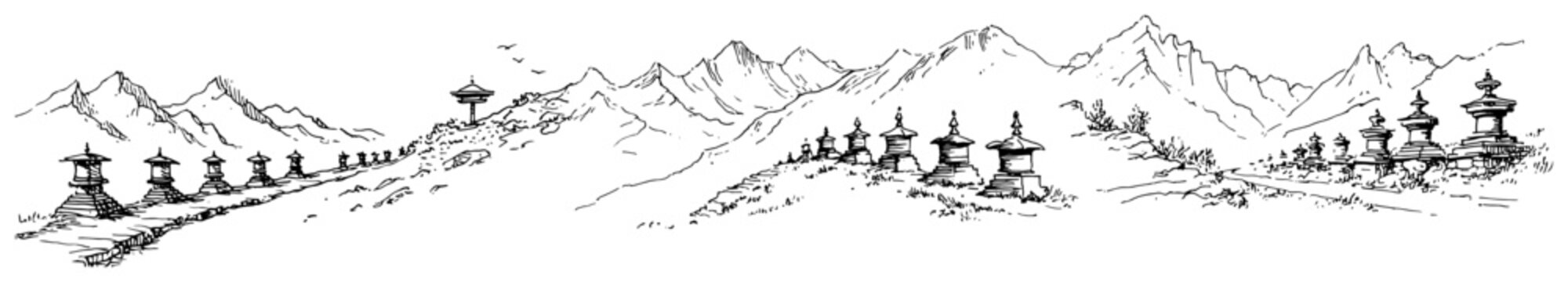 Buddhist stupas along mountain path in Himalayan landscape in hand drawn sketch style