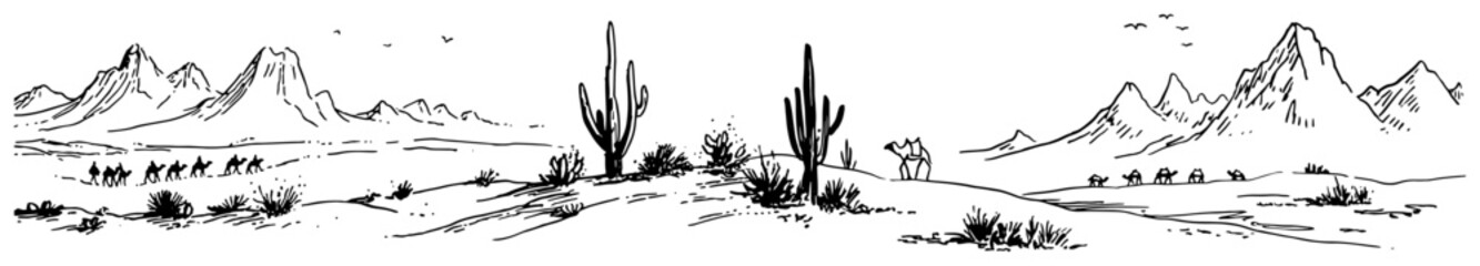 Desert mountain landscape with saguaro cacti and camel caravans in panoramic black and white line art style © Celestynka
