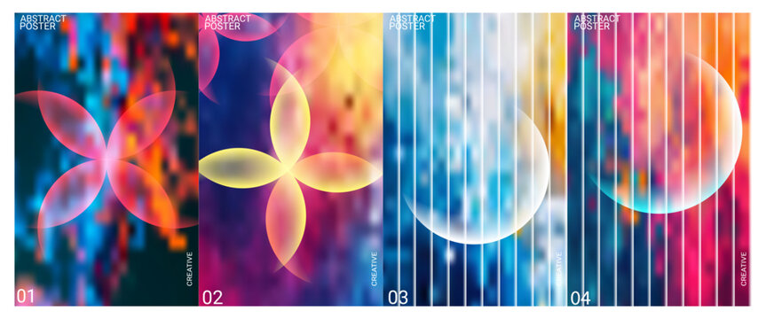 Futuristic abstract posters collection. Vibrant blurred gradients and defocused white spheres for creative graphic design. Vector illustration.