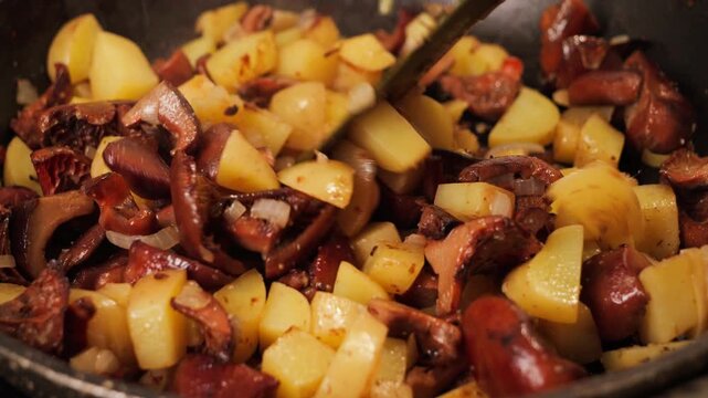 Cooking saffron milk cap mushrooms with potatoes, onions, and spices in a frying pan with olive oil at home. High quality 4k footage