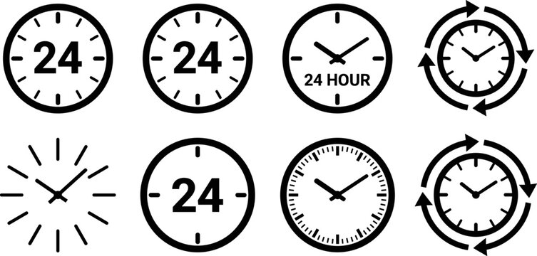 Set of 24 hours non stop service clock icons vector illustration representing time management availability and customer support