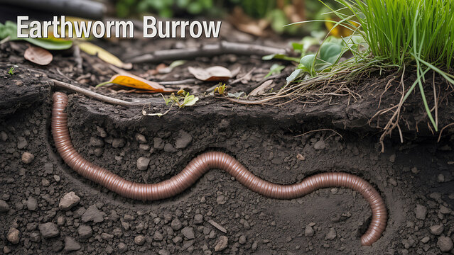 Earthworm burrowing in soil with rocks and grass  underground tunnel maker