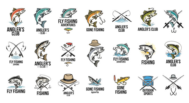 Collection of fishing club logos and icons.