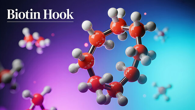 Biotin molecular structure with red and white atoms on a gradient purple blue background  molecular model of biotin vitamin B complex