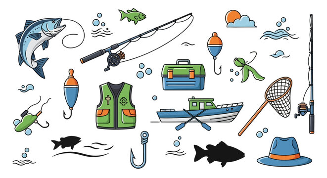 Collection of colorful fishing related items and accessories.