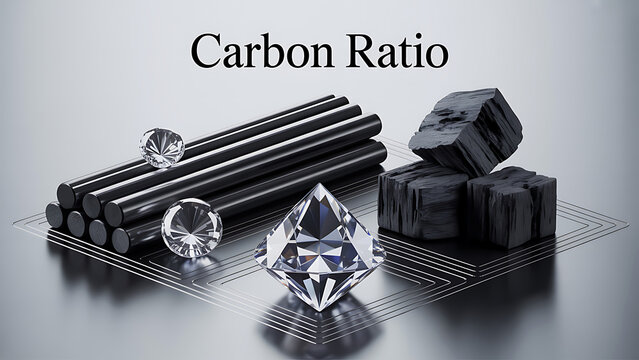 Carbon Ratio Concept with Diamond Crystals and Graphite Rods and Blocks on Clear Glass Plate  Science and Chemistry  Carbon Allotropes