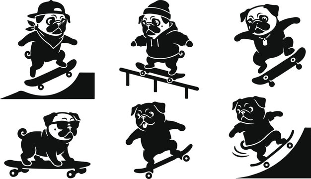Cool Skateboarding Pug Dog Mascot Characters Performing Tricks in Urban Cartoon Vector Illustration Collection
