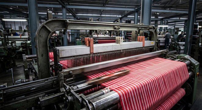 High-speed industrial mechanical weaving loom interlacing red threads